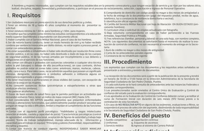 Lanzan convocatoria de reclutamiento de personal operativo para la policía municipal de San Pedro Cholula.