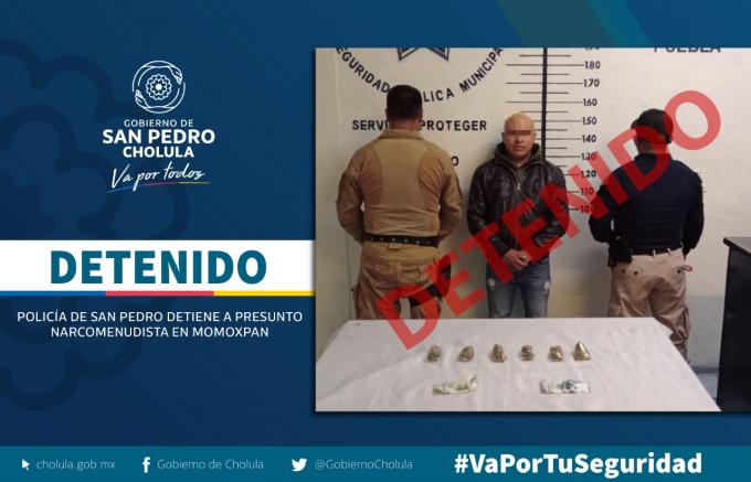 Policía de San Pedro Cholula detiene a presunto narcomenudista en Momoxpan