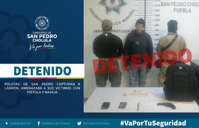 Policía de San Pedro Cholula captura a ladrón por robo a transeúnte