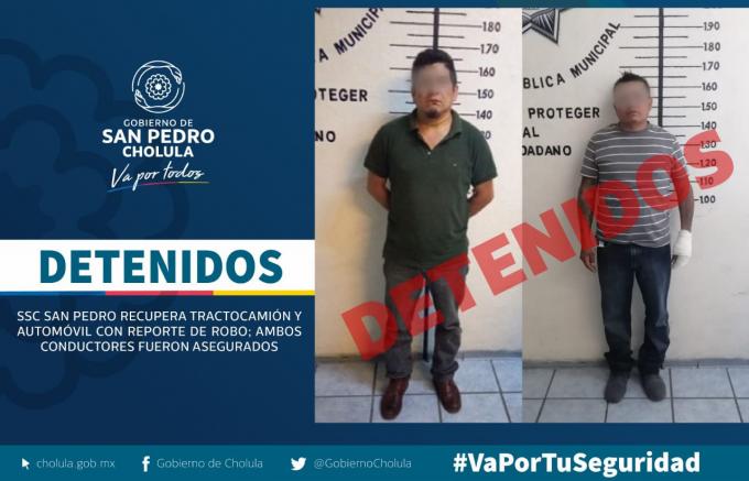 SSC de San Pedro Cholula recupera dos vehículos con reporte de robo y detiene a presuntos ladrones.