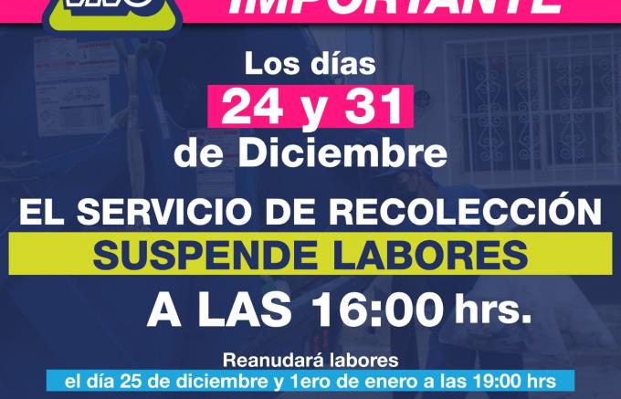 El 24 y 31 de diciembre el servicio de recolección de basura trabajará hasta las 16:00 horas.