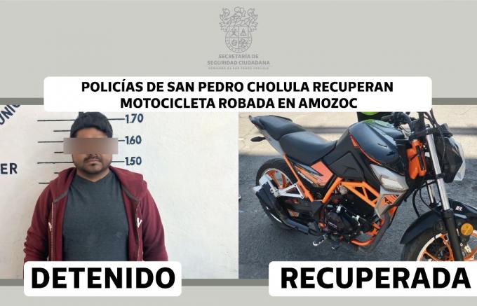 Policías de San Pedro Cholula recuperan motocicleta robada en Amozoc