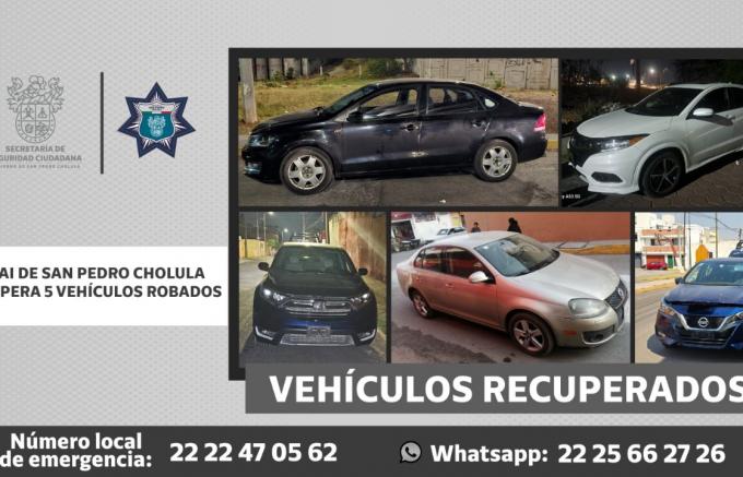 Policía de San Pedro Cholula recupera 5 vehículos con reporte de robo