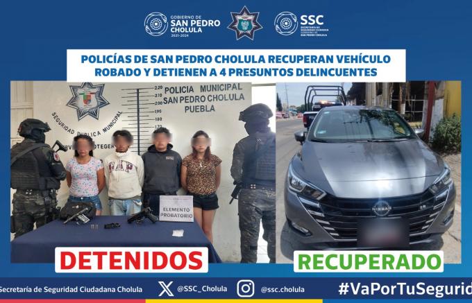 Policías de San Pedro Cholula recuperan vehículo robado y detienen a 4 presuntos delincuentes