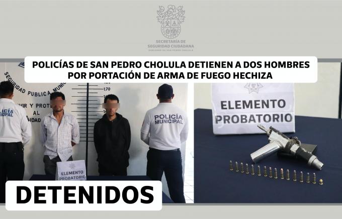 Policías de San Pedro Cholula detienen a dos Hombres por portación de arma de fuego hechiza