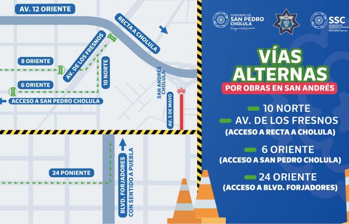Implementan dispositivos en calles de San Pedro Cholula para evitar caos vehicular por obra en San Andrés
