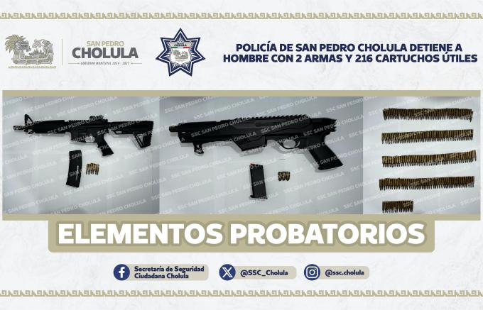 Policía de San Pedro Cholula detuvo a hombre con 2 armas y 216 cartuchos útiles