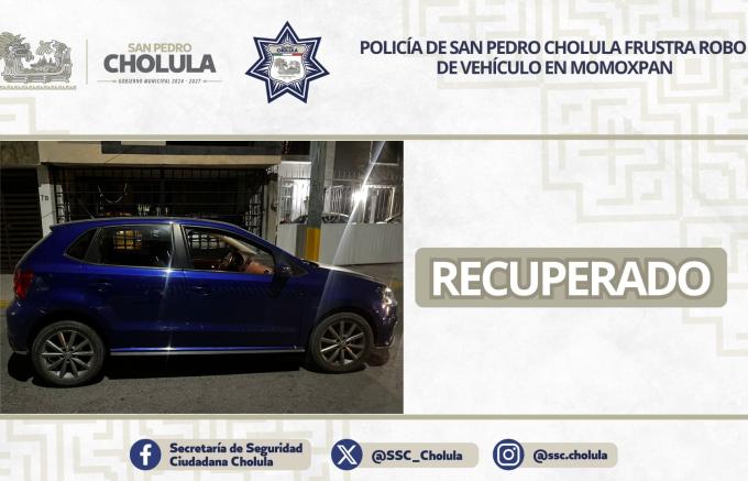 Policía de San Pedro Cholula frustra robo de vehículo en Momoxpan
