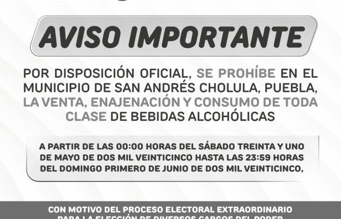 Anuncia el Ayuntamiento de San Andrés Cholula Ley Seca