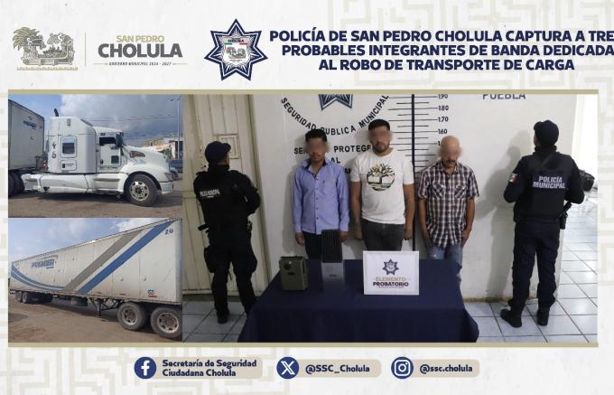 Policía de San Pedro Cholula capturó a tres probables integrantes de banda dedicada al robo de transporte de carga
