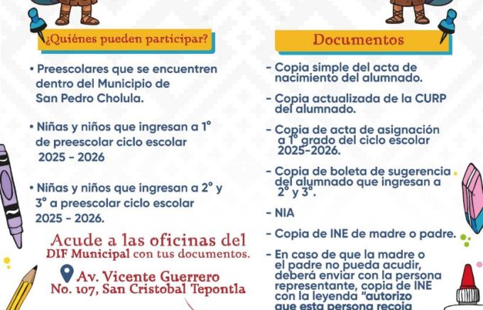Continúa abierto el registro para la entrega de útiles escolares gratuitos a niñas y niños en San Pedro Cholula