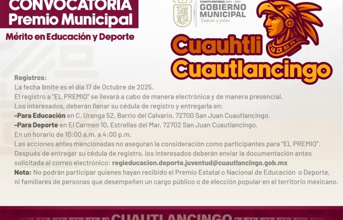 Gobierno Municipal lanzó convocatoria para obtener el “Premio Cuauhtli Cuautlancingo”