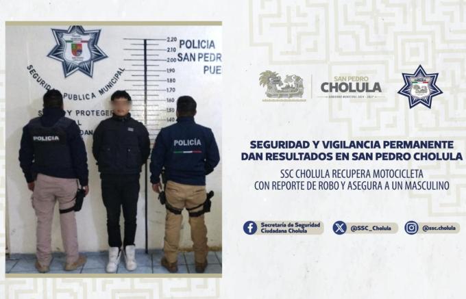 SSC Cholula recuperó motocicleta con reporte de robo y aseguró a un hombre 