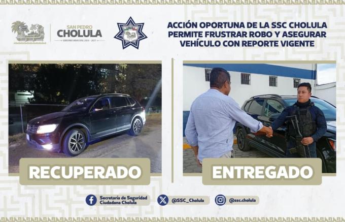 Elementos de la SSC Cholula frustraron robo y aseguraron vehículo con reporte vigente