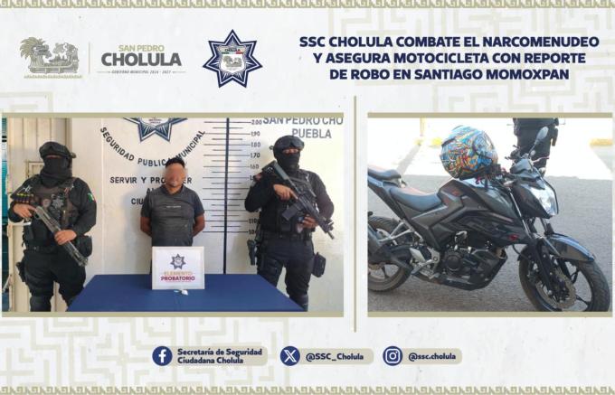 SSC Cholula combate el narcomenudeo y asegura motocicleta con reporte de robo en Santiago Momoxpan