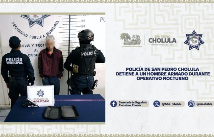 Policía de San Pedro Cholula detuvo a un hombre armado durante operativo nocturno