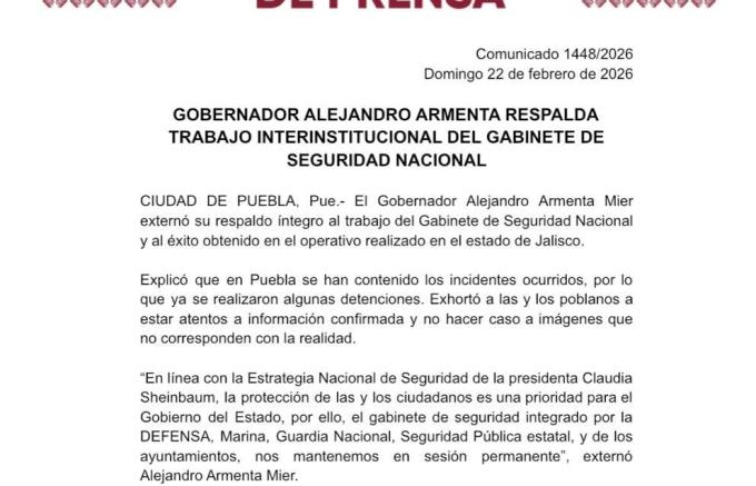 Gobernador Alejandro Armenta respalda trabajo interinstitucional del Gabinete de Seguridad Nacional