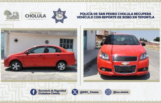 Policía de San Pedro Cholula recupera vehículo con reporte de robo en Tepontla